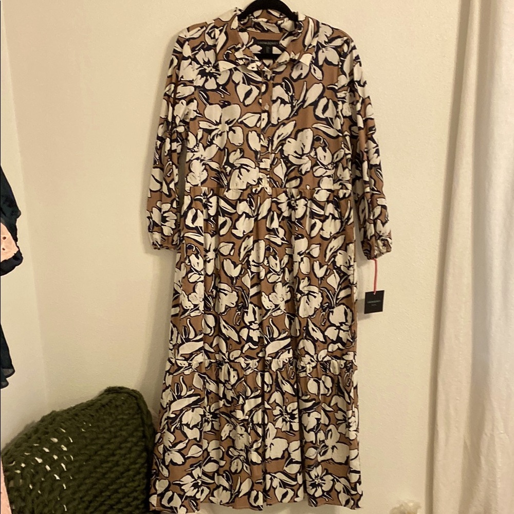 Cynthia Rowley Brown and White Buttoned Sundress with Bishop Sleeves